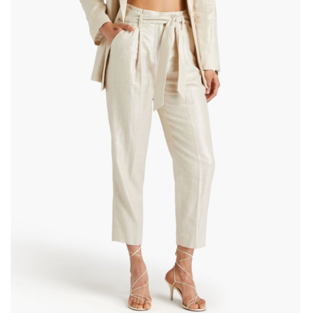 Veronica Beard 'Zelly' Cropped Metallic Linen-Blend Pants, Silver Birch